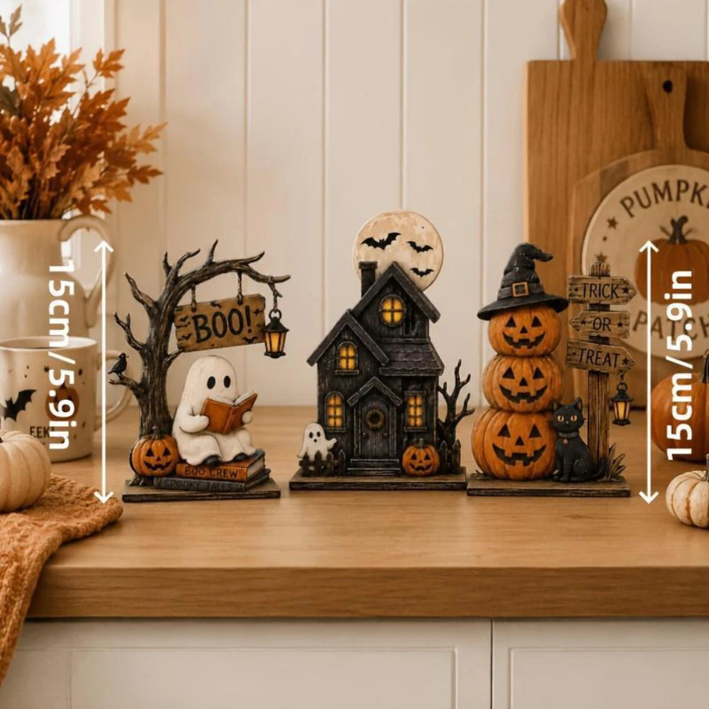 Lot de 3 décorations Halloween vintage en bois