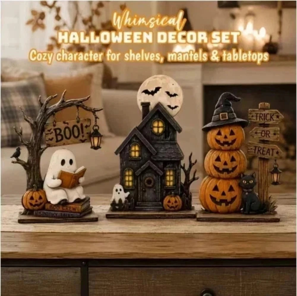 Lot de 3 décorations Halloween vintage en bois