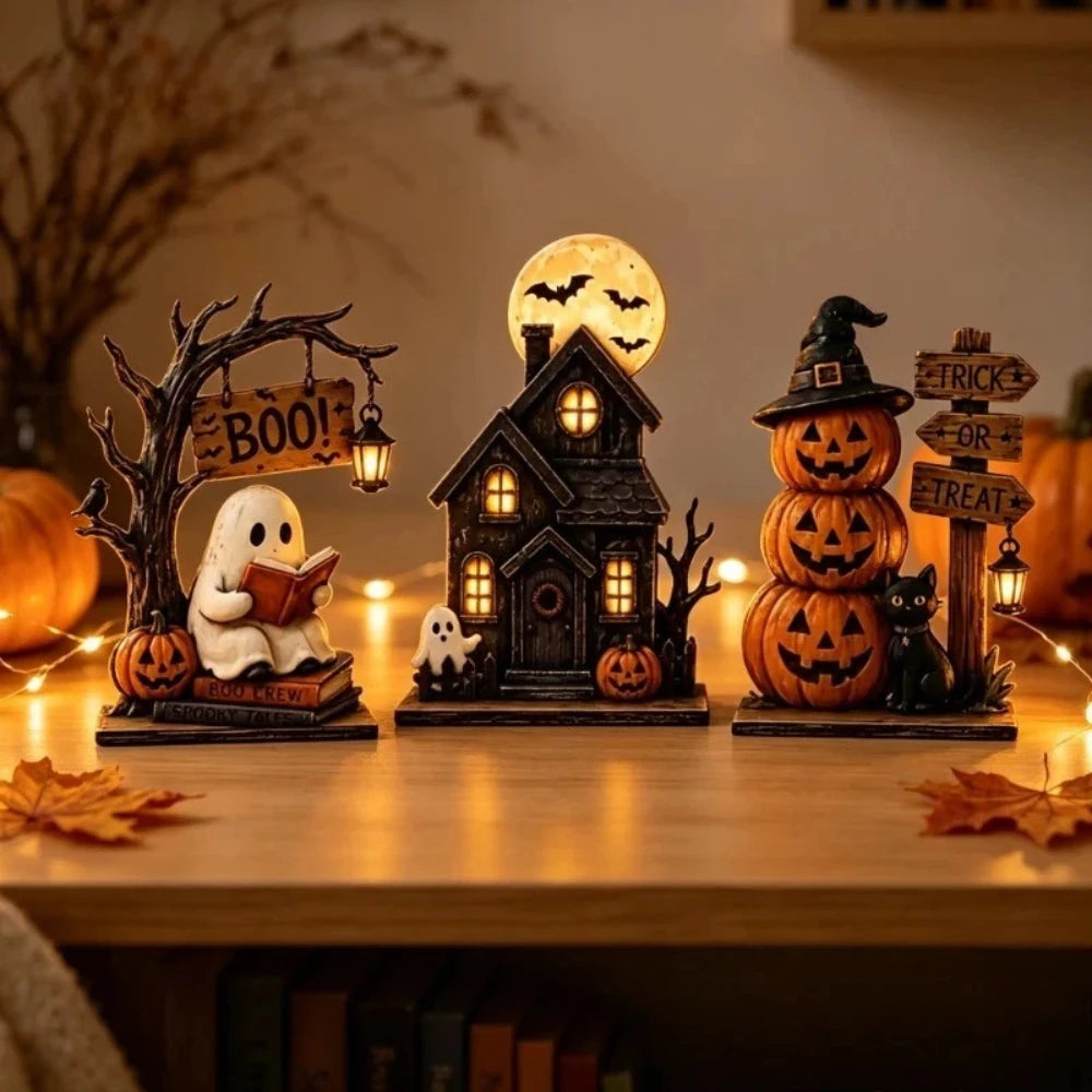 Lot de 3 décorations Halloween vintage en bois