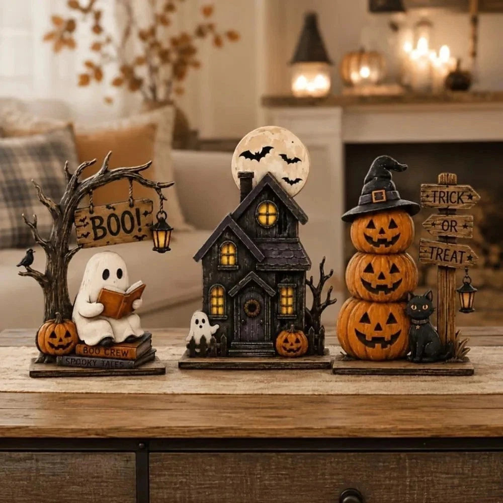 Lot de 3 décorations Halloween vintage en bois